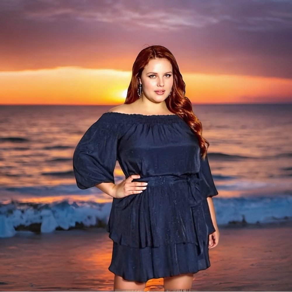 City Chic Cute Frills NWT On/Off-the-Shoulder Flattering Dark Navy Tie-Waist